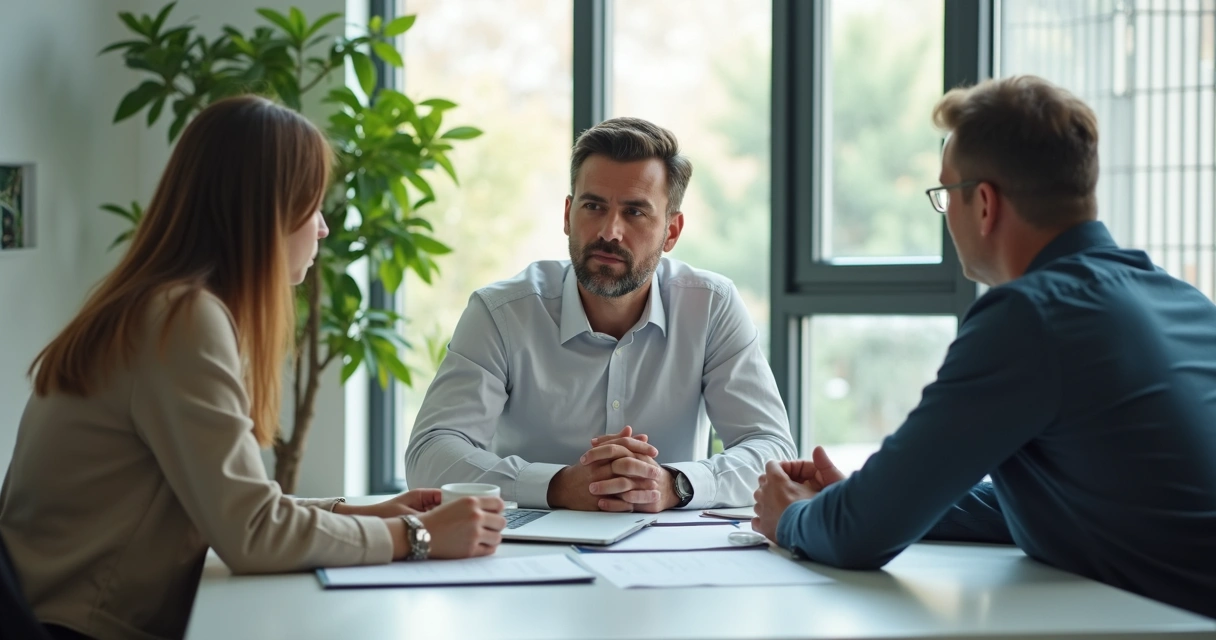 Leader in office making mindful decision at desk 