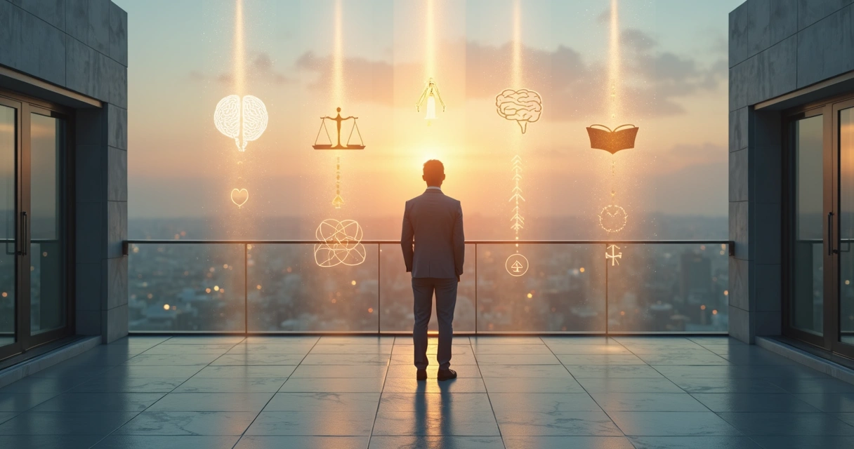 Leader standing at a crossroads of five luminous paths representing different leadership sciences 