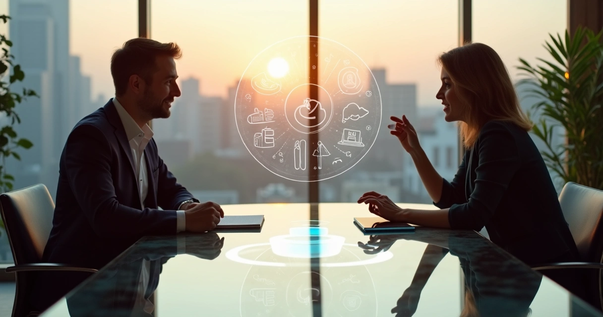 Leader and client talking across shared transparent table 