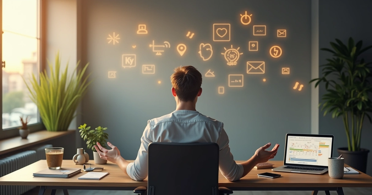 Leader at desk choosing between aligned and stressed work paths 