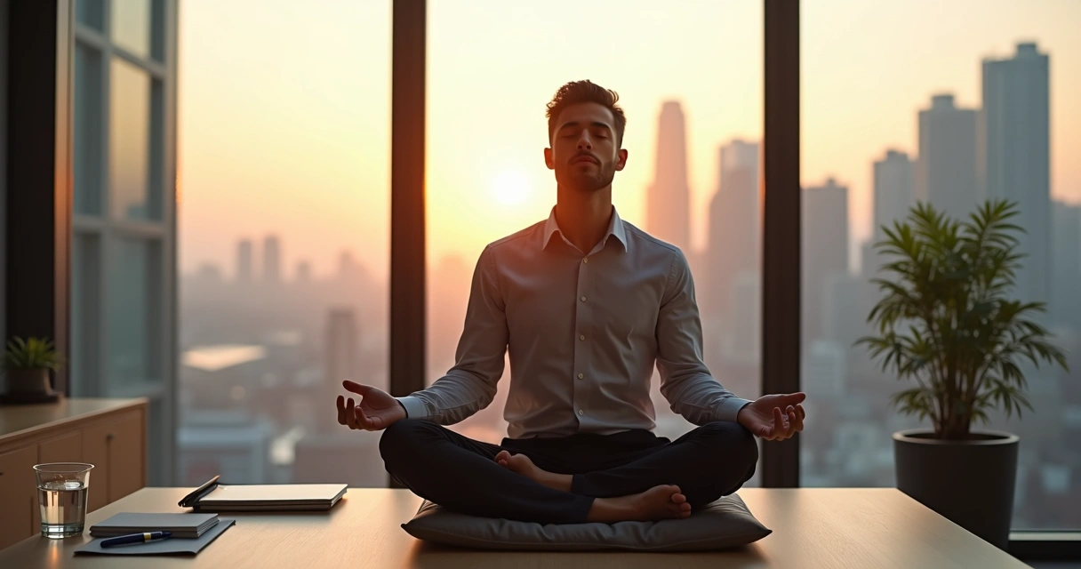 Calm executive leader meditating by office window at sunrise 