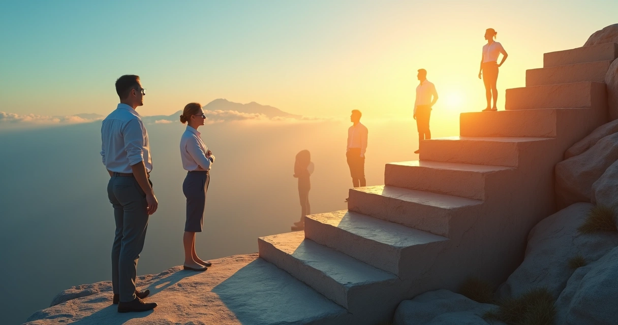 Leader on mountain steps with five glowing stages behind transparent silhouettes 