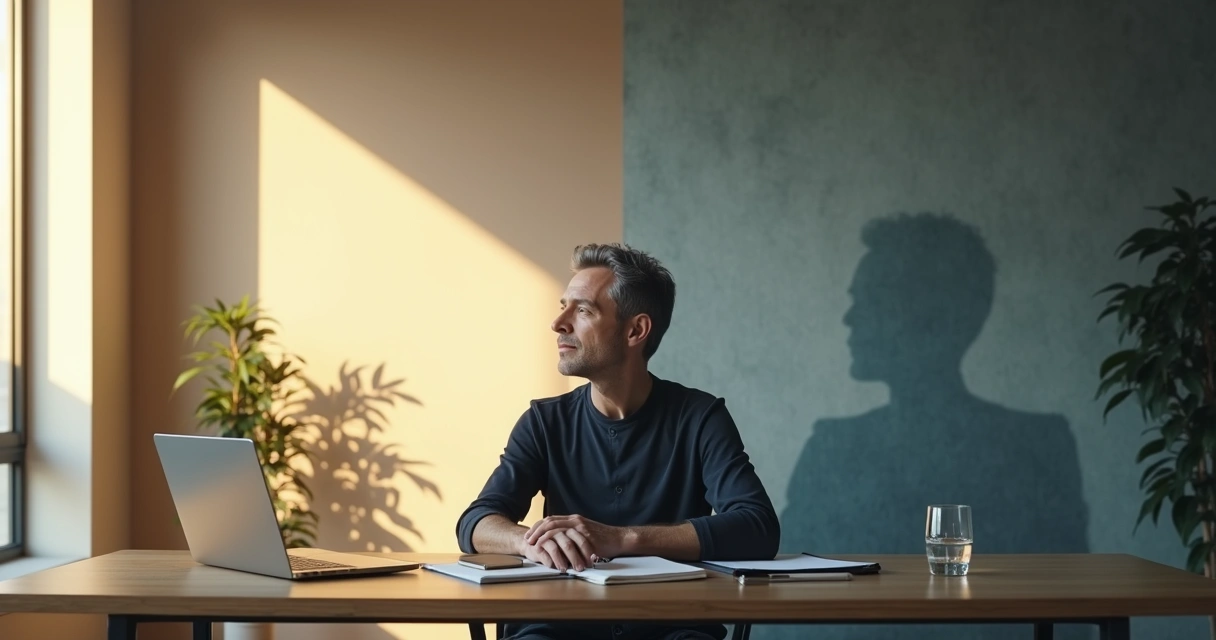 Leader sitting between light and shadow reflecting on emotions 