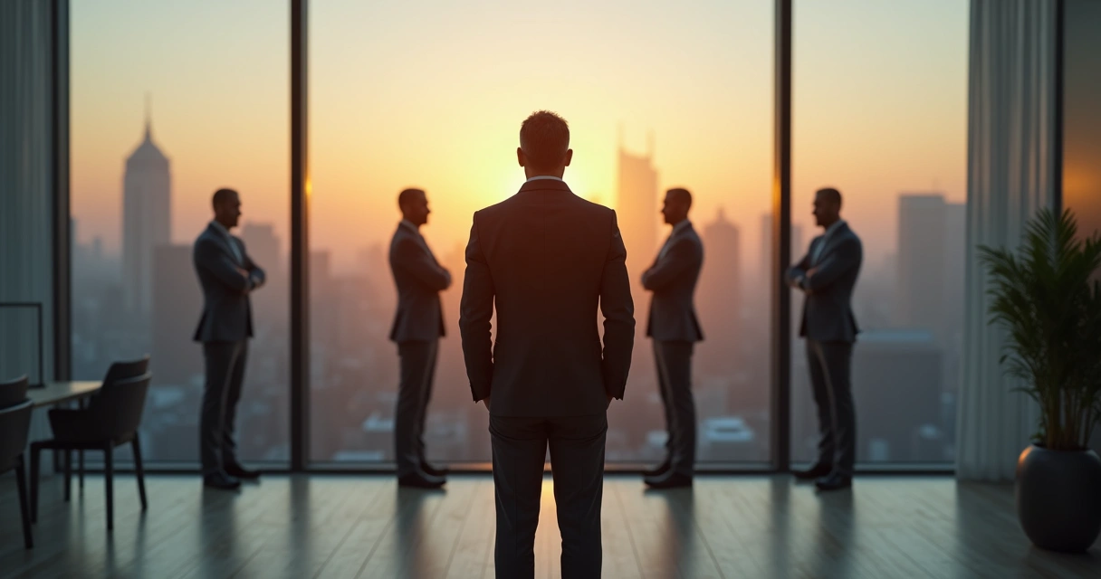 Business leader standing in front of glass wall with shadow silhouettes behind 