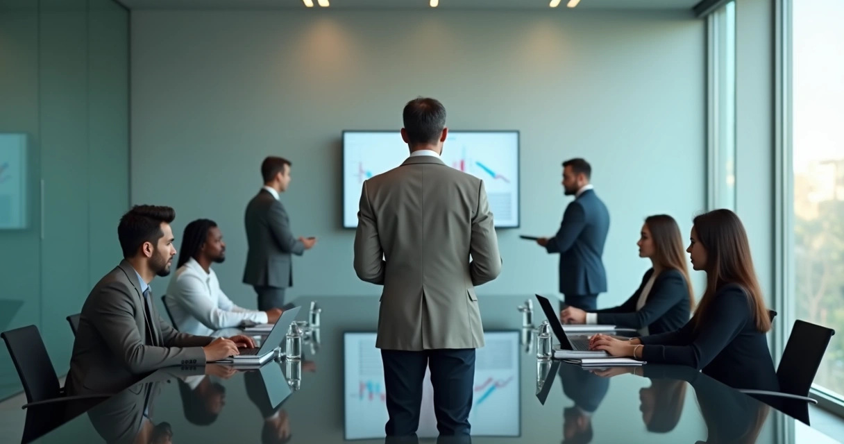 Leader in modern office facing shadow versions of team symbolizing unconscious patterns 