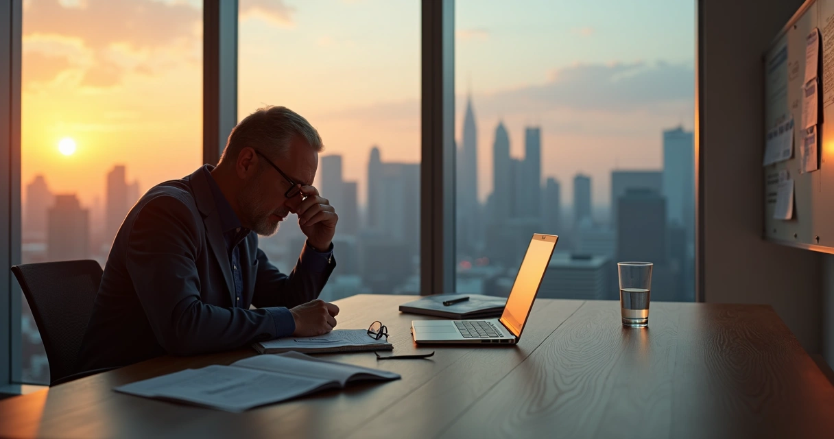 Exhausted leader at desk in modern office at sunset 