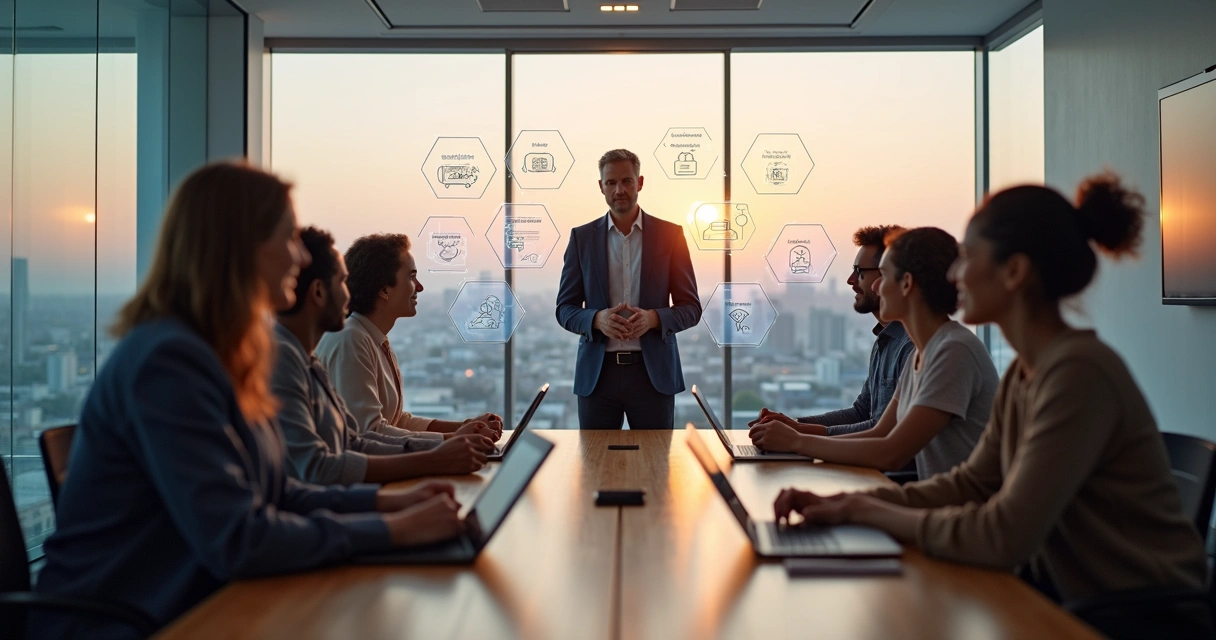 Diverse team with a conscious leader collaborating in a modern meeting room 