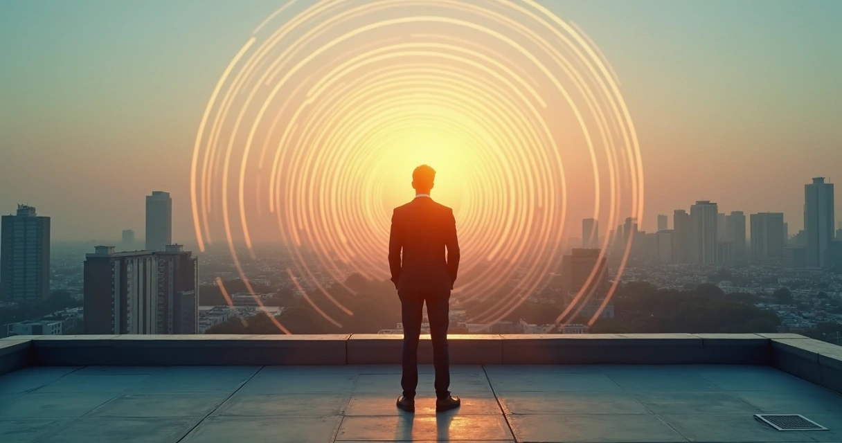 Leader on city rooftop overlooking luminous growth rings in the sky 