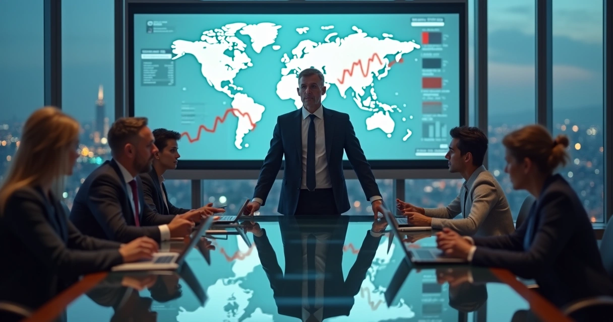 Executive leader calmly guiding a diverse team through a crisis meeting 