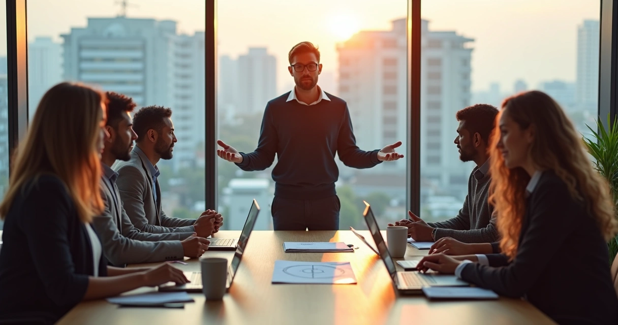 Leader guiding diverse team in bright modern office 