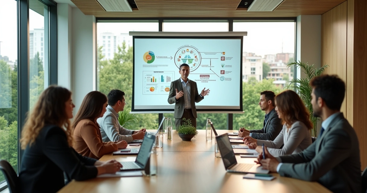 Conscious leader guiding a diverse team toward sustainable progress 