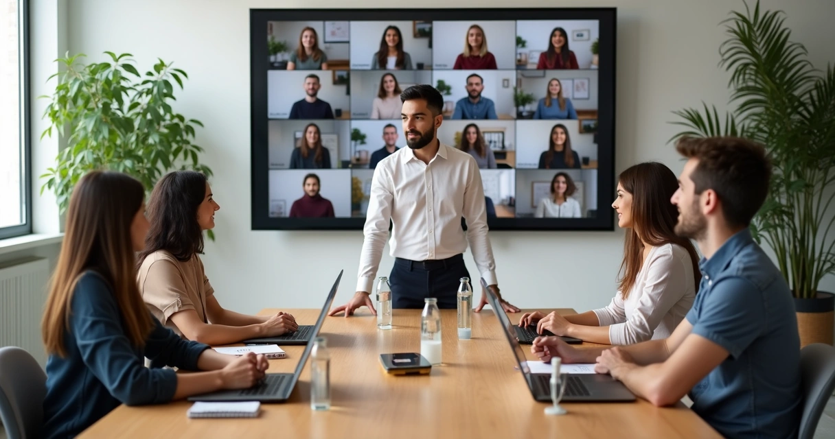 Leader guiding hybrid team in meeting with people in office and on screen 