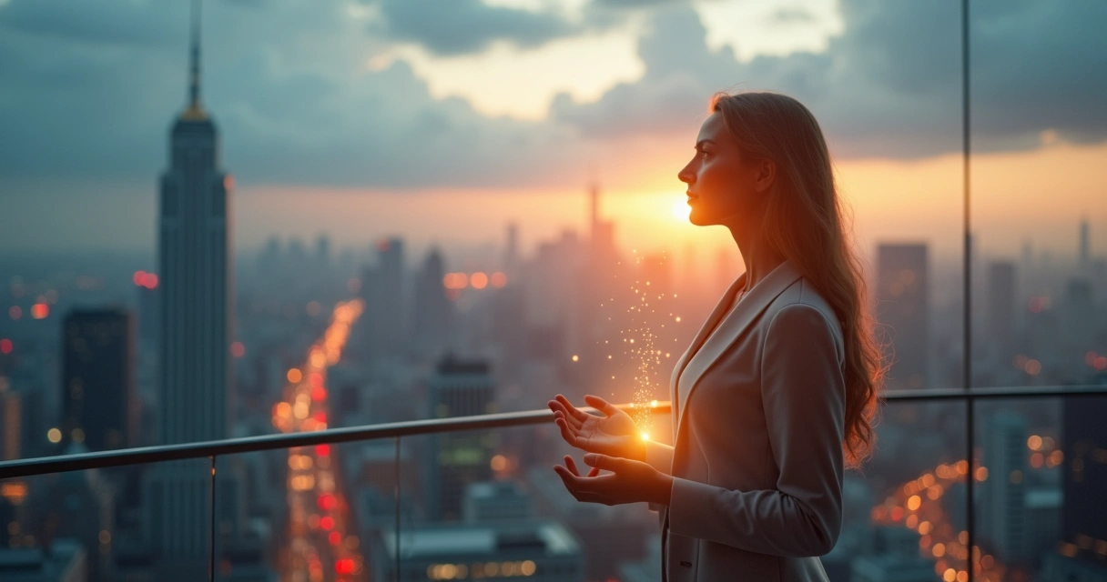 Leader standing calm above a chaotic city with light connecting people below 
