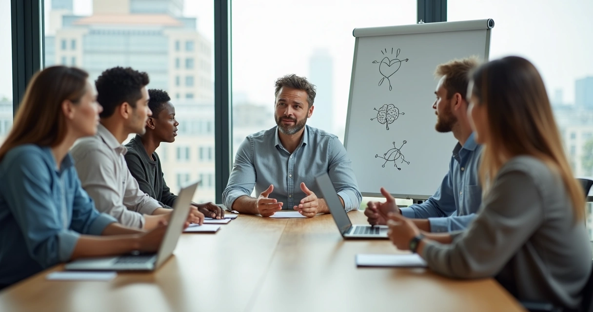 Calm leader guiding a diverse team in a modern office meeting 