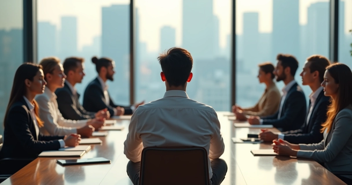 Business leader meditating at head of table with attentive team 