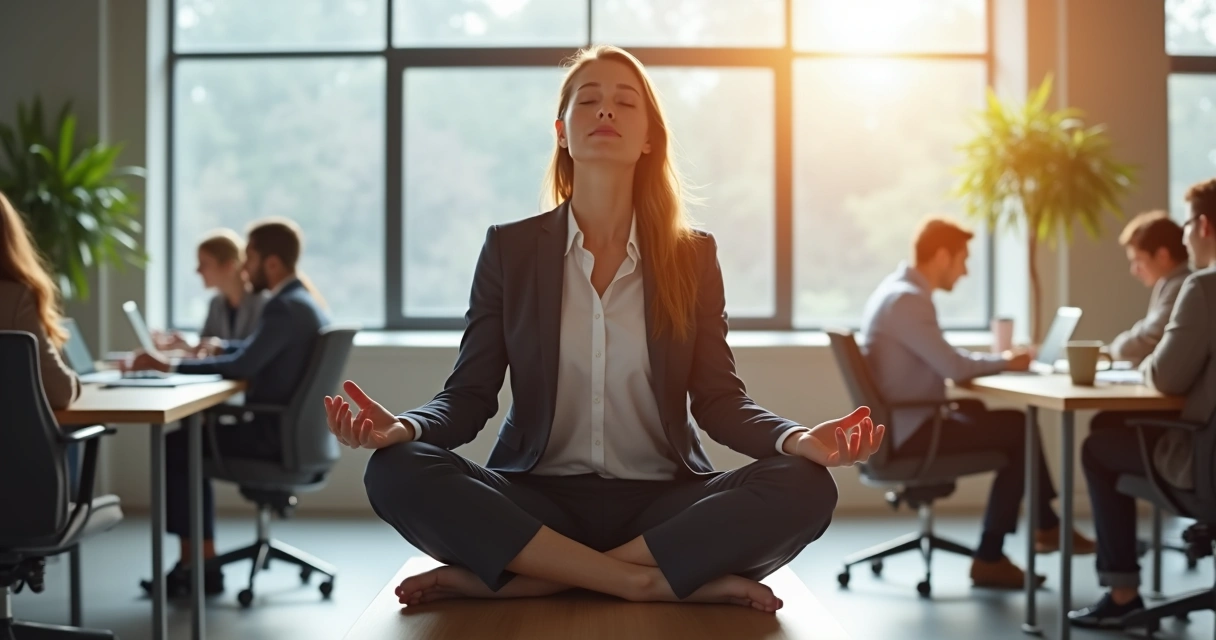 Leader practicing mindfulness in a modern office, eyes closed in meditation 
