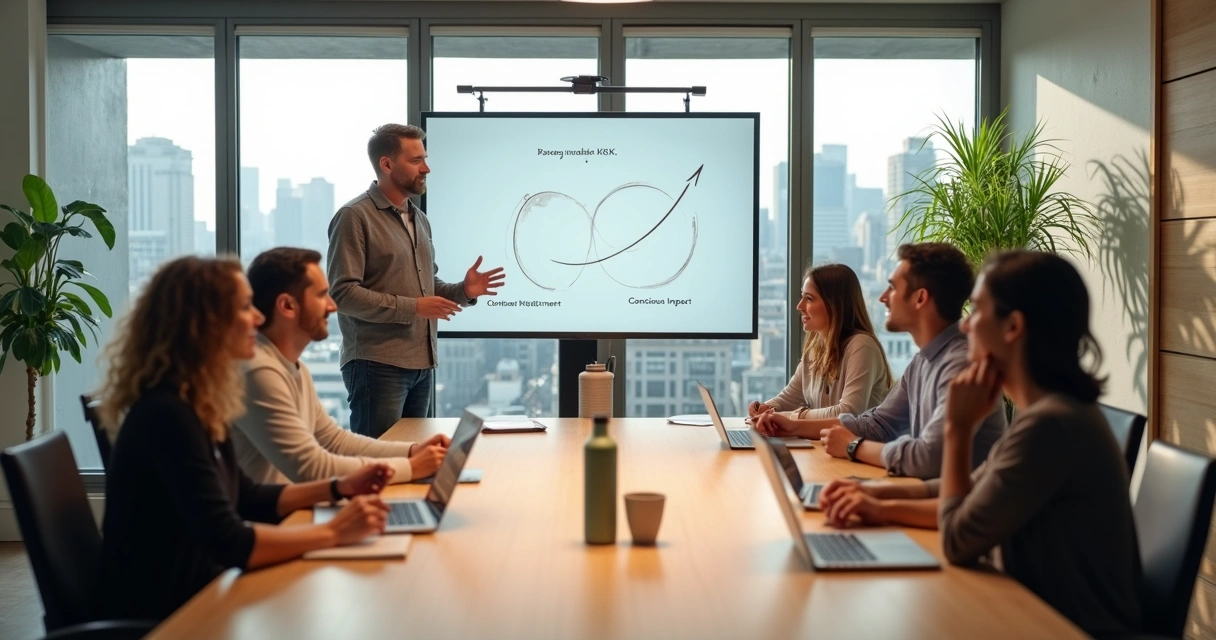 Diverse team listening to a calm leader in a bright modern office 