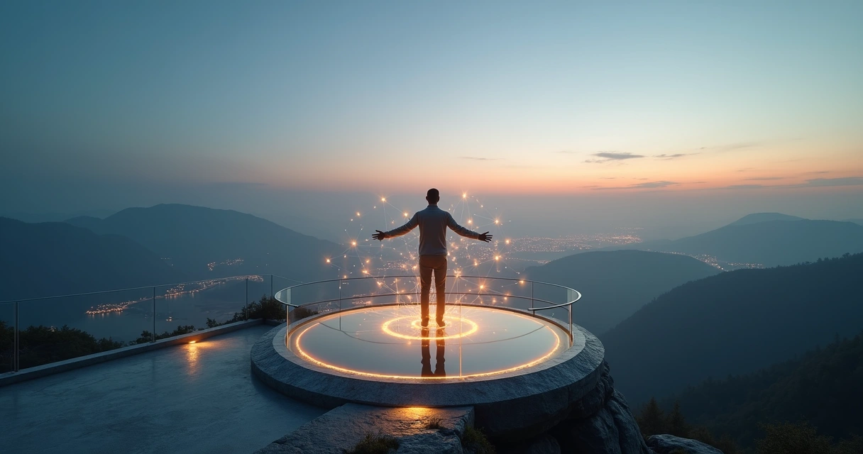 Leader standing on circular platform overlooking layered landscape with glowing relational lines 
