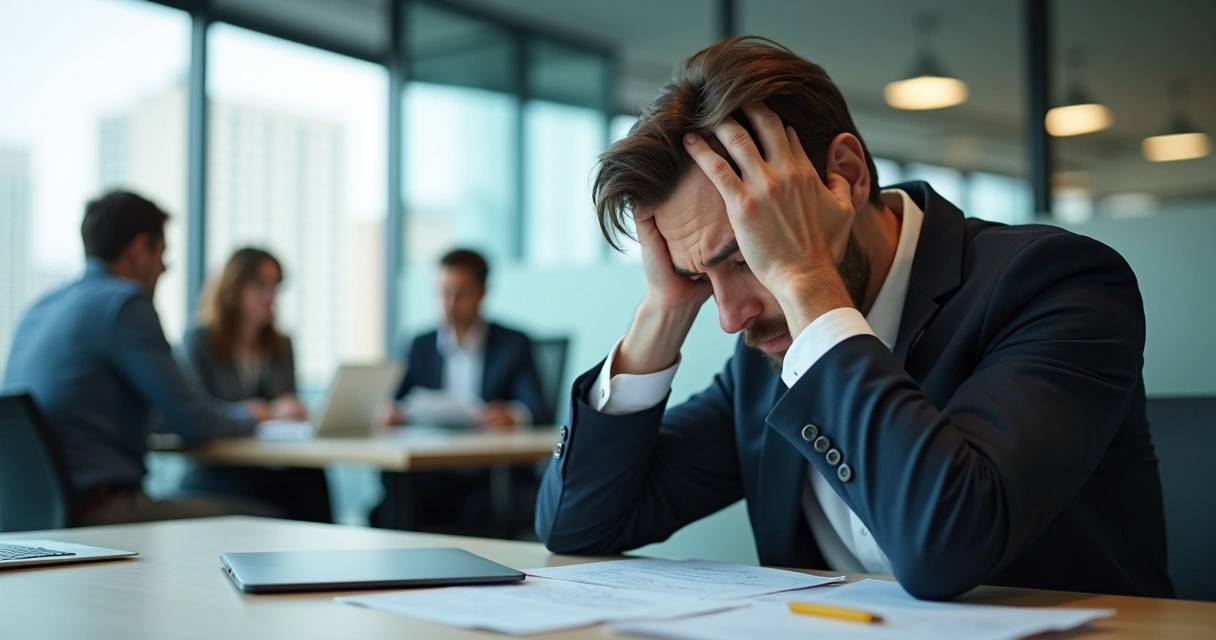 Business leader with tired expression holding head in hands at office desk, group of colleagues in background 