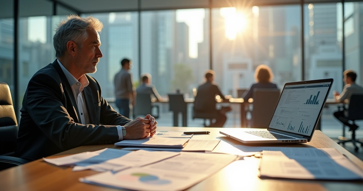 Leader reflecting over employee review papers in a glass-walled office 
