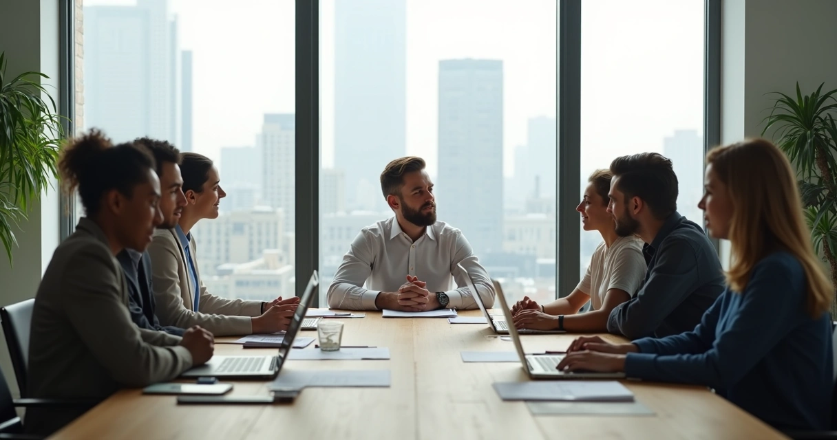 Leader reflecting at head of table in thoughtful team meeting 