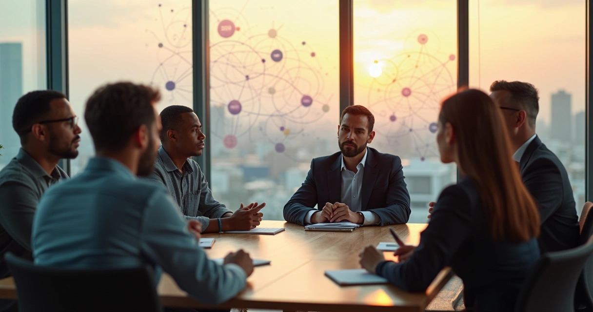 Diverse leader in round-table dialogue with team in bright modern office 