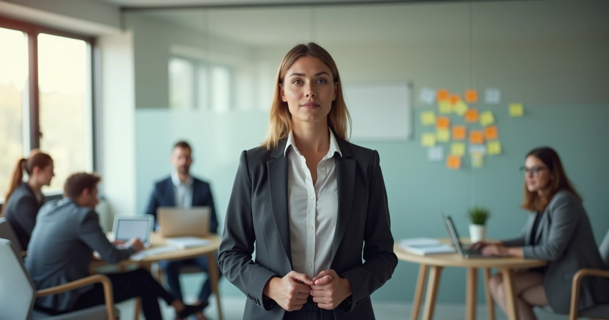 Calm leader standing between two groups choosing clear boundaries over people pleasing 