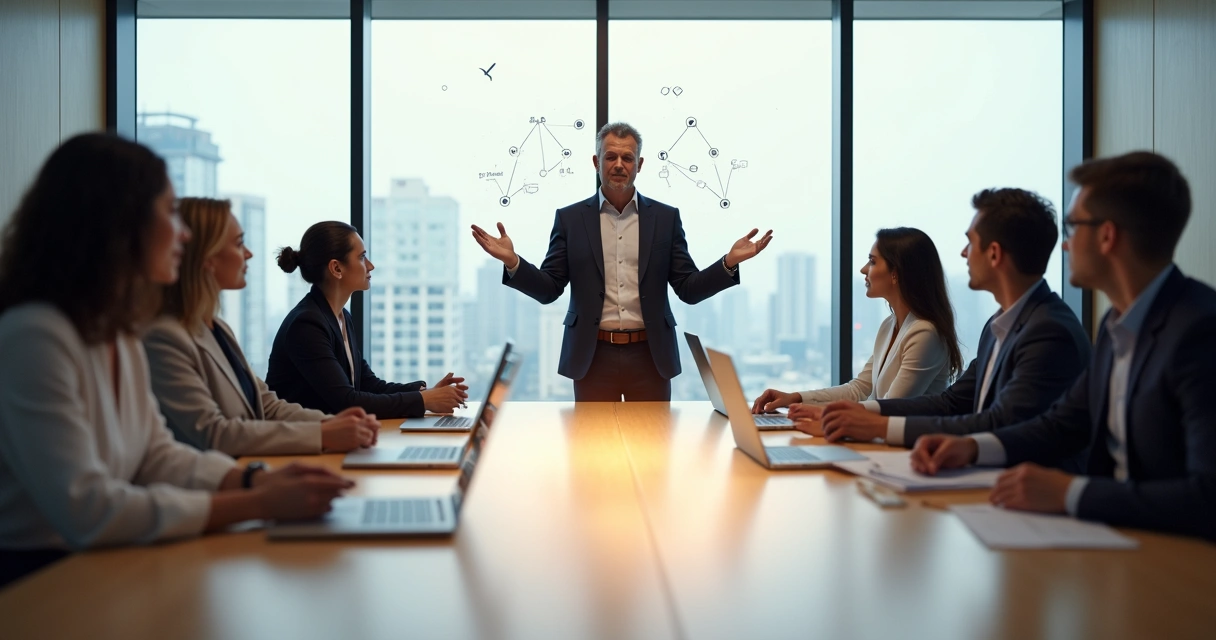 Business leader guiding diverse team in meeting with light flowing from center of table 