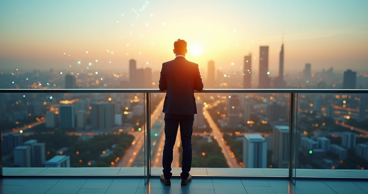 Leader overlooking city at sunrise with interconnected systems overlay 