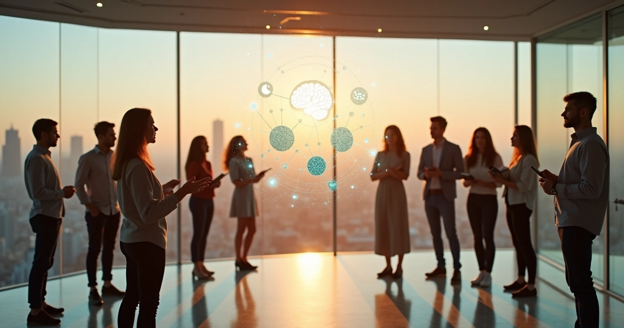 Diverse leader guiding a team in a modern office overlooking a sunrise city skyline 