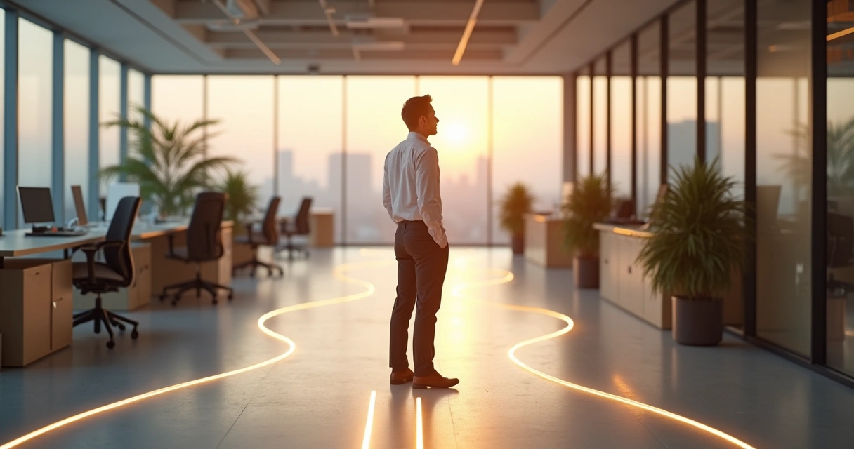 Calm leader standing in modern office looking at crossroads of lighted paths 
