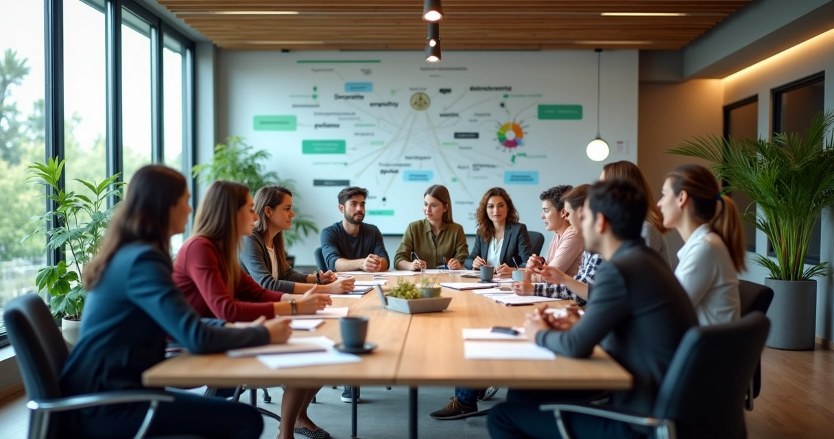 Workshop setting with leaders seated around a table, participating in conscious leadership training 