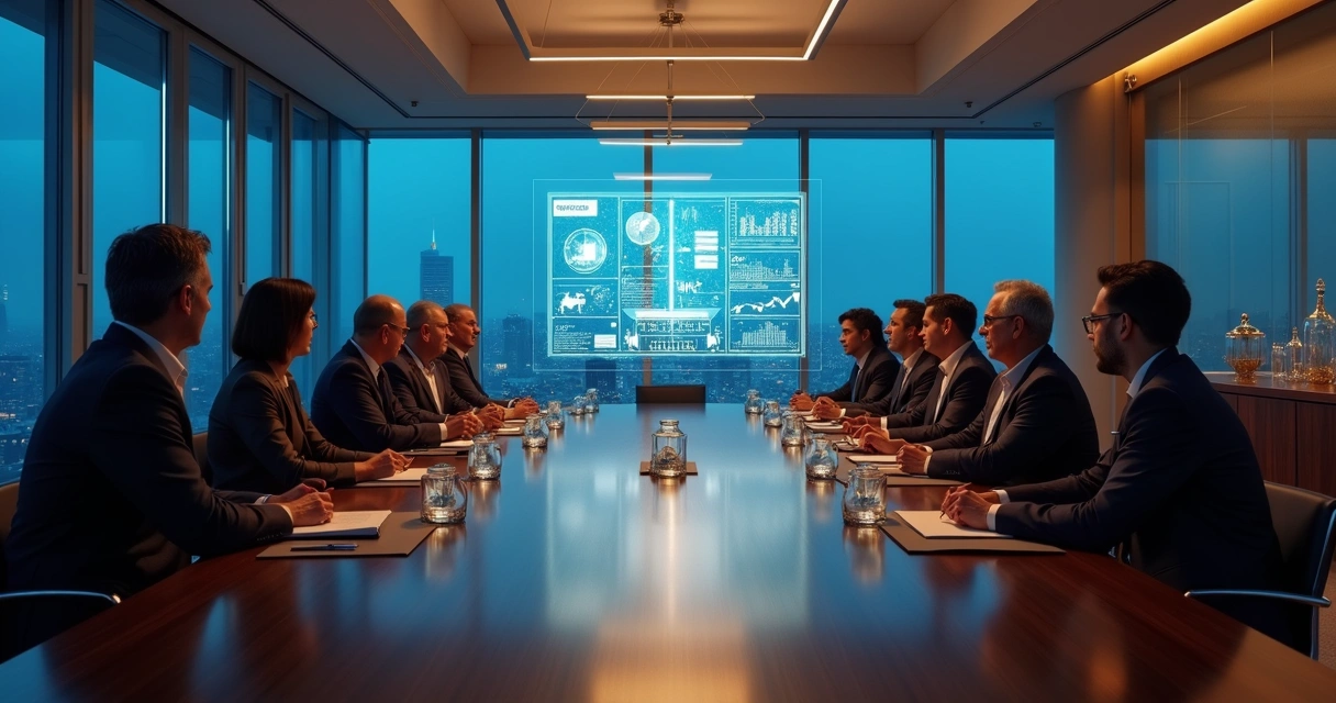 Executives in a boardroom viewing a glowing holistic decision dashboard 