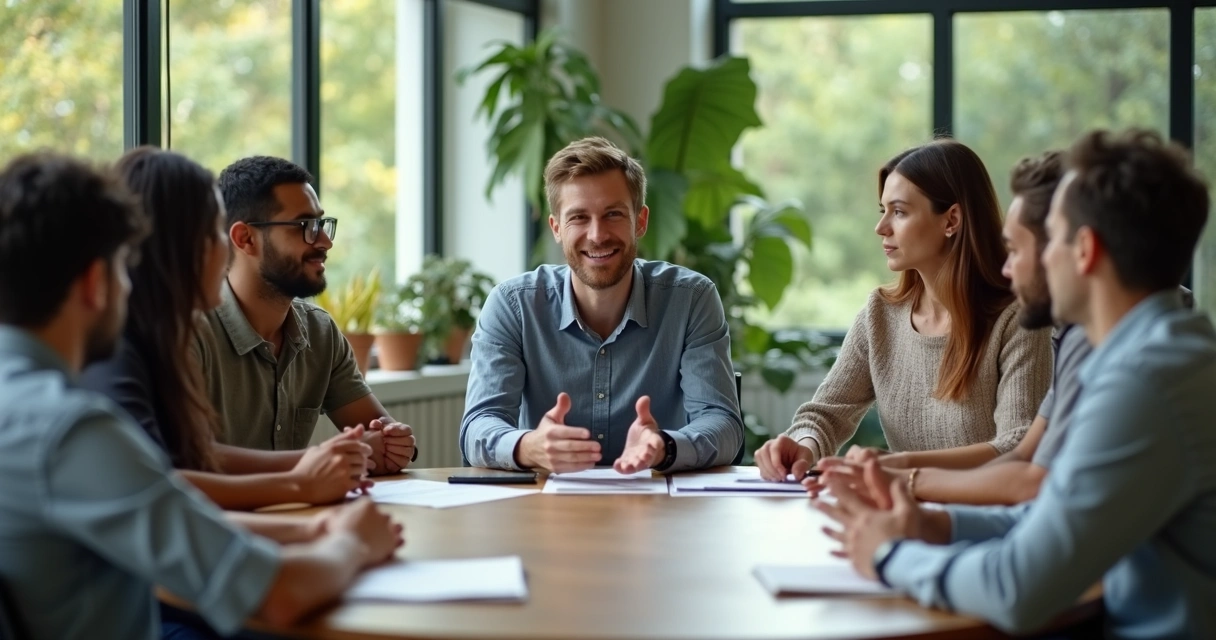 Team working together in calm open office with leader listening attentively 