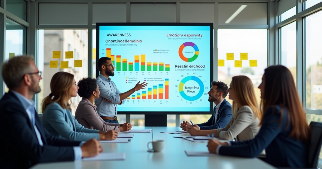 Business meeting with diverse team discussing maturity KPIs on a large digital screen