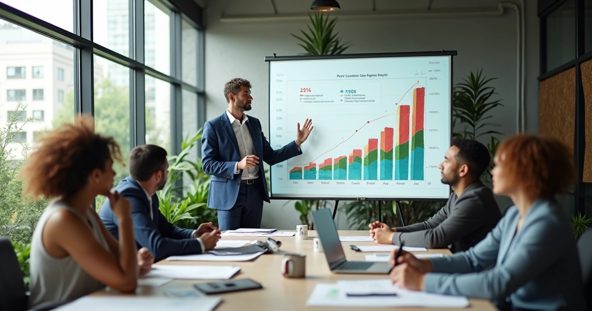 Business team in a meeting, discussing social impact with charts on the table