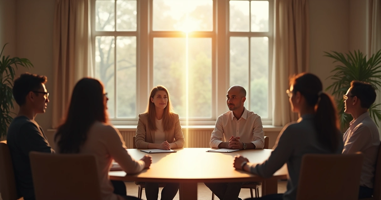 Group meeting with leaders reflecting in a calm environment, symbolic light representing consciousness 