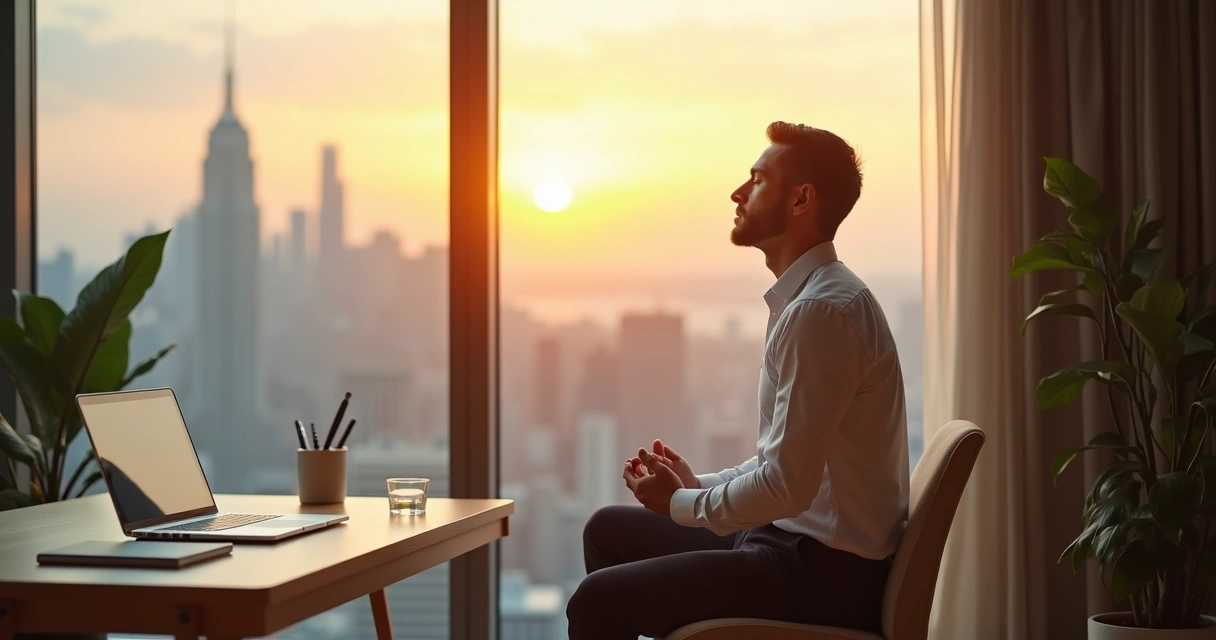 Business leader meditating by window overlooking city skyline 