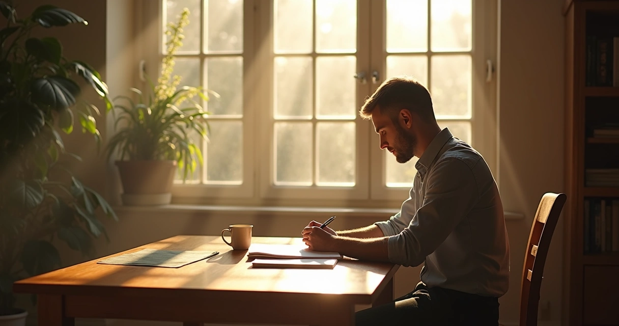 Leader sitting by window, journaling, sunlight casting long shadows