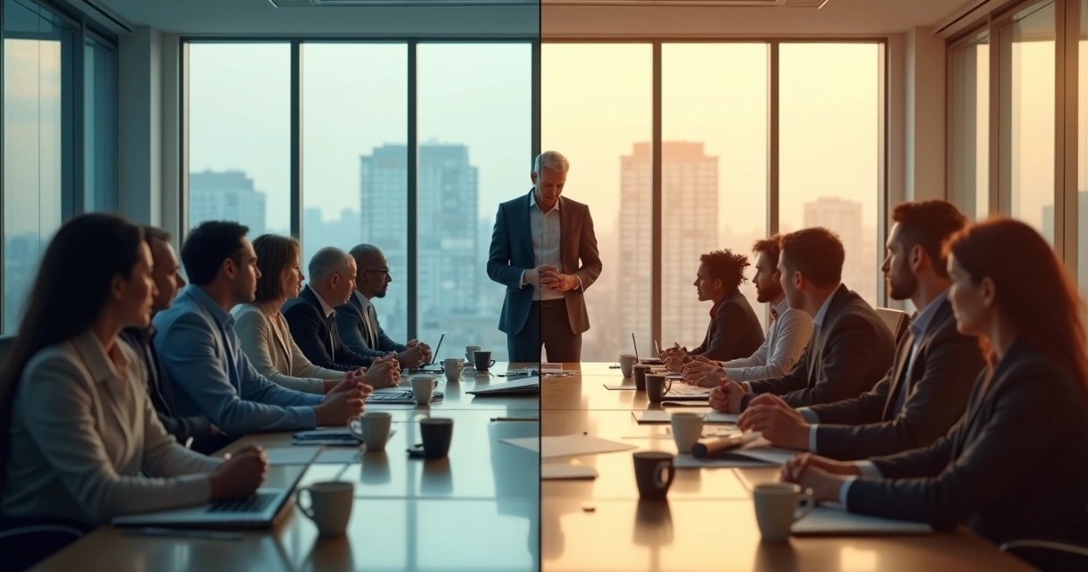 Leadership team in modern office split between stressed and mindful collaboration 