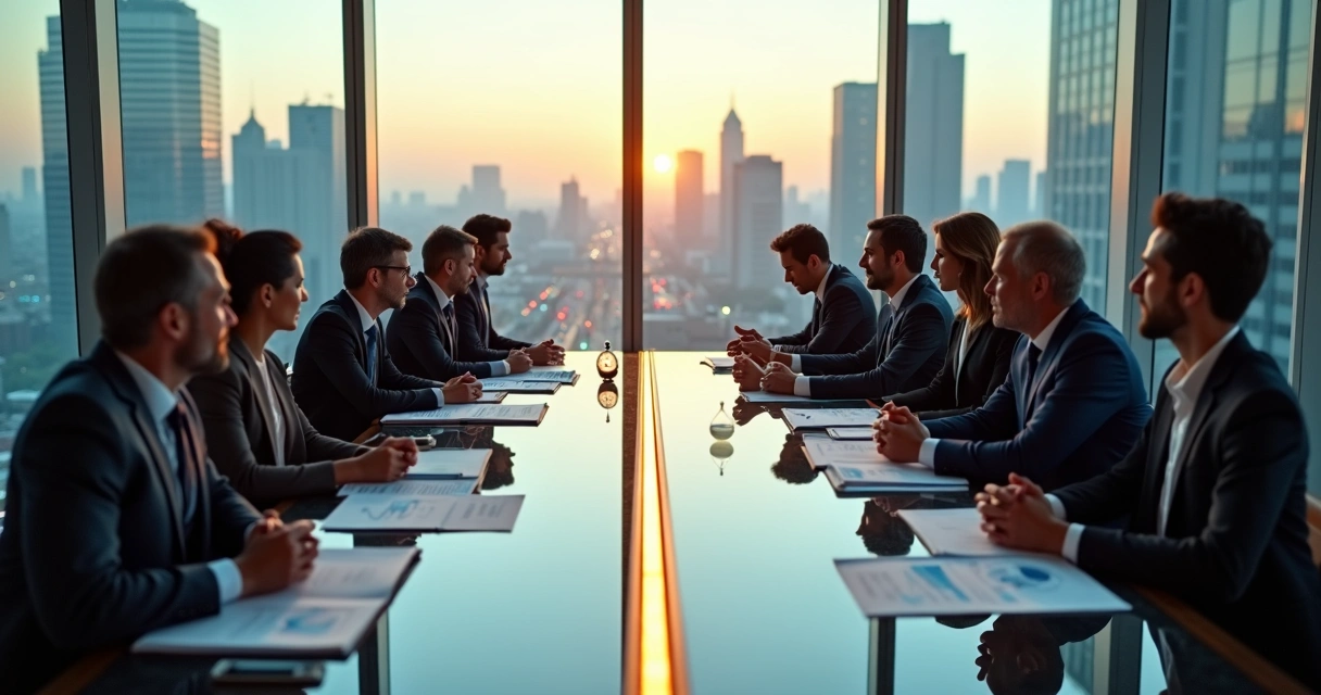 Business leaders facing each other with contrasting economic values in a modern city skyline 