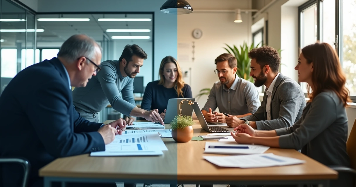 Business leaders contrasted between rigid hierarchy and human-centered collaboration 