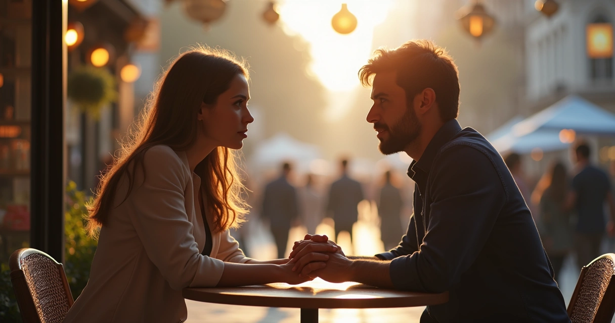 Two people having a focused conversation at a small table 