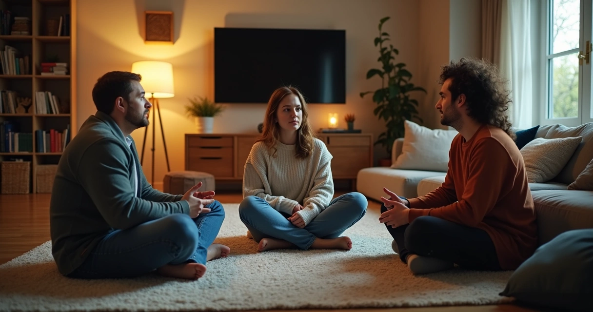 Family sitting in living room practicing attentive listening 