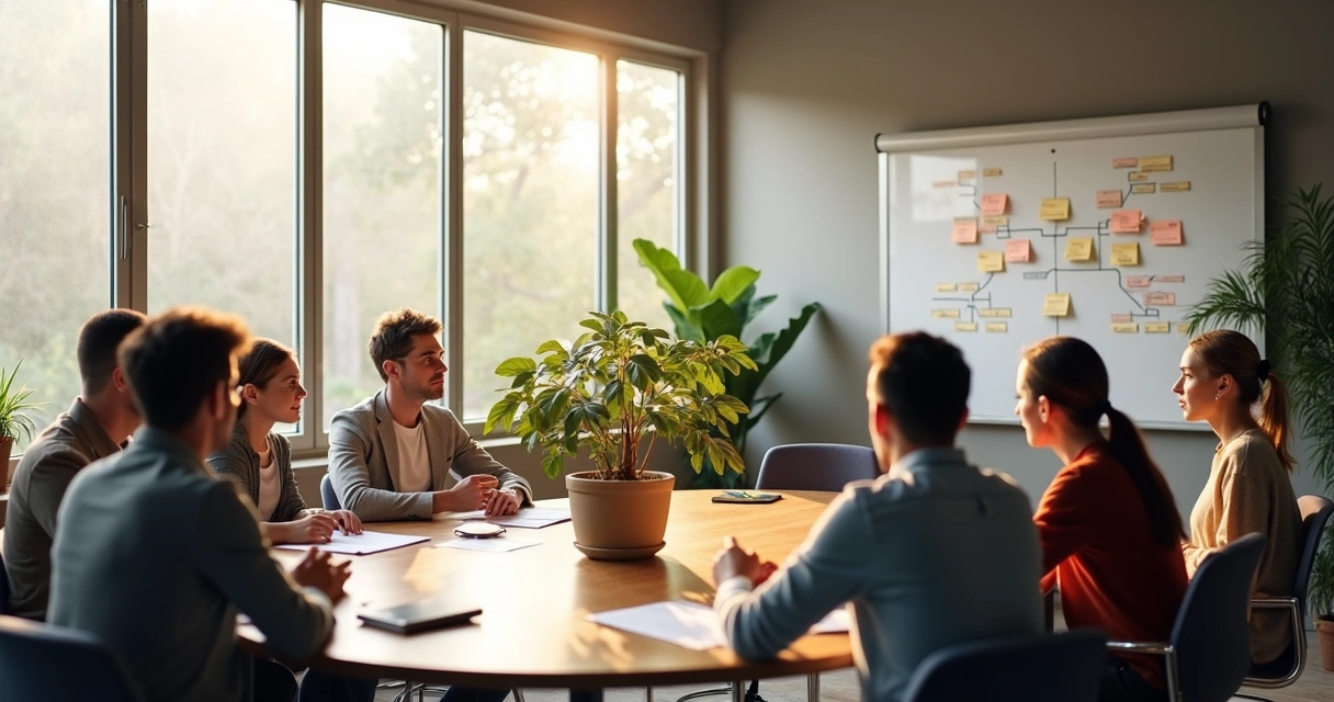 Diverse group discussing around table in modern office 