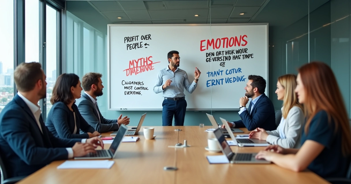 Leadership team around a table facing large wall with myths about management being erased 
