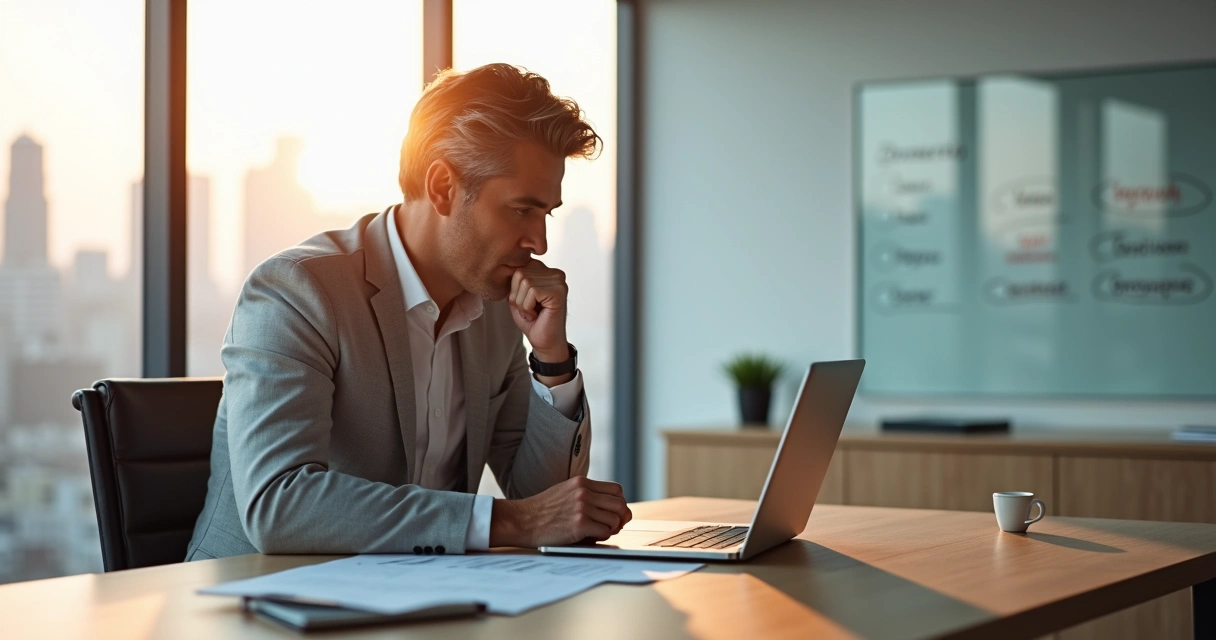 Manager pausing thoughtfully over decision checklist in modern office 