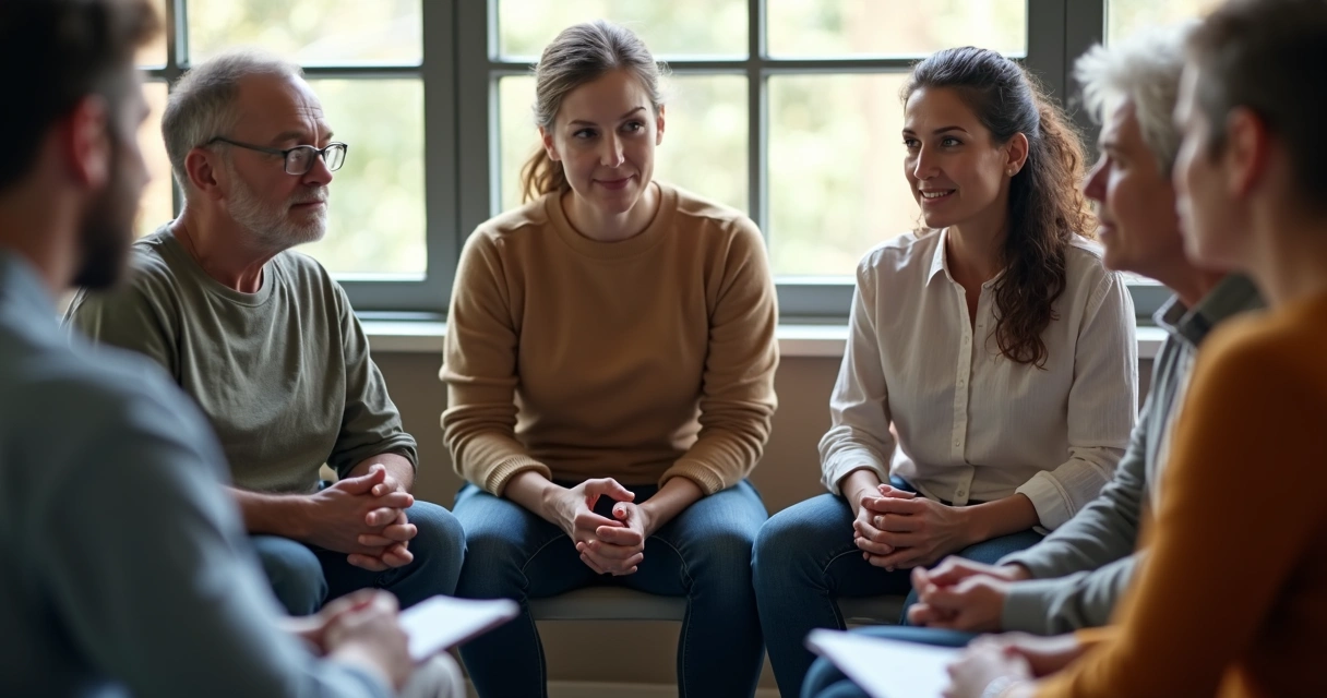 Group of adults in a circle discussing, neutral expressions, papers on knees, relaxed body language, moderate daylight 