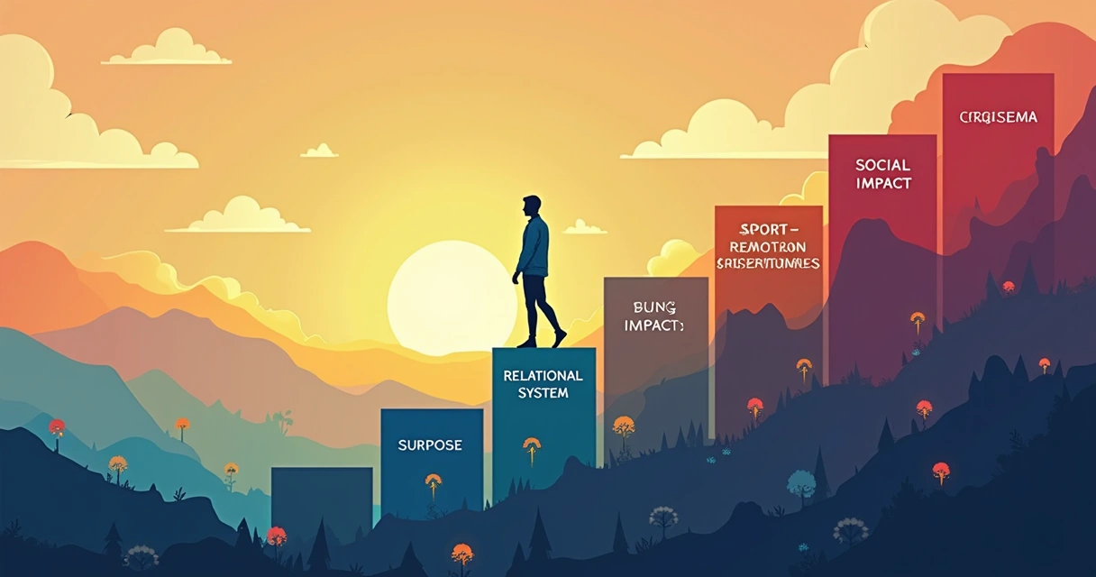 Illustration of a person evolving through seven distinct levels, with symbolic steps and light at each stage 