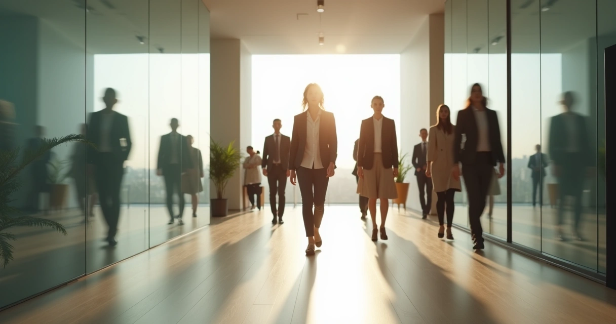 Calm professional walking through blurred busy office toward clear light 